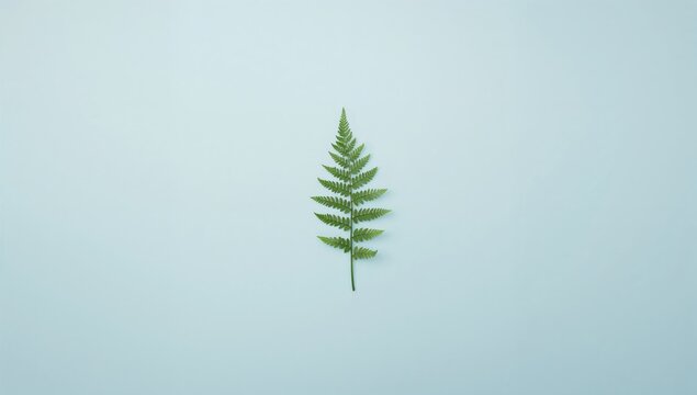 Single fern leaf on soft blue surface, ideal for editorial backdrop, summer theme
