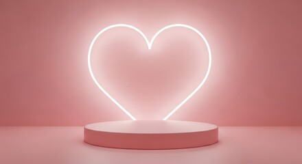 A glowing neon heart shape illuminates a pink podium against a soft pink background, creating a romantic and celebratory ambiance