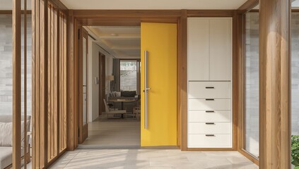 Fototapeta premium Entrance porch of a home featuring a yellow door and a sizable white cabinet, focal point for functional design