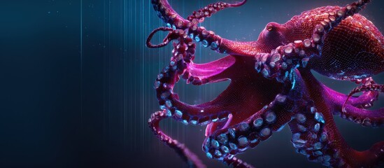 high tech scene, vibrant octopus illuminated by neon cyan and magenta biolights, macro shot revealing complex suction textures, floating in front