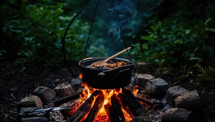 Summer campfire cooking in the outdoors with a pot over the flames
