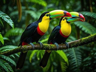 Obraz premium Colorful Toucans Perched on Branch in Lush Rainforest - Wildlife Photography, Exotic Birds, Tropical Nature Scene
