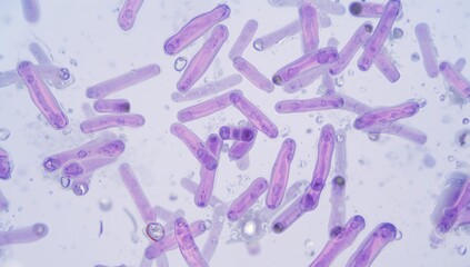 Microscopic image of gram stain revealing rod-shaped bacteria, focused on microbial morphology