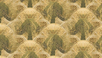 Seamless geometric classic design featuring golden lattice and fern leaves, ideal for editorial backgrounds