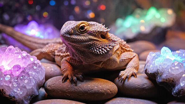 Bearded dragon lizard resting on smooth stone surrounded by glowing colorful crystals showcasing detailed scales sharp claws creating mystical vibrant reptile atmosphere close up shot