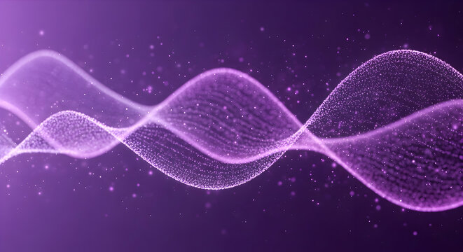 Abstract purple sound waves: flowing neon waveform and particle grid — technology, music, and energy concept

