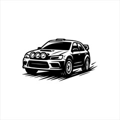 Dynamic off-road rally race car in motion. A black and white vector graphic for motorsport and automotive design
