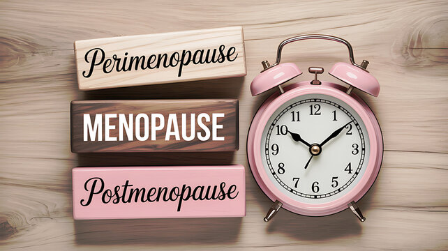 Perimenopause Menopause Postmenopause text blocks with pink alarm clock image