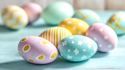Soft sunlight shining across pastel blue surface with Easter eggs randomly placed