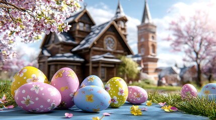 Soft sunlight shining across pastel blue surface with Easter eggs randomly placed