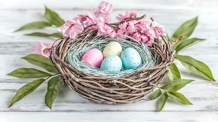 Gentle spring background with bright eggs among soft green leaves under daylight