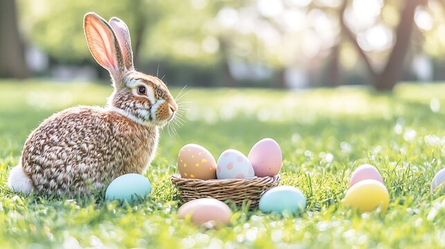 Calm pastel tone showing bunny beside small basket of eggs under glowing daylight