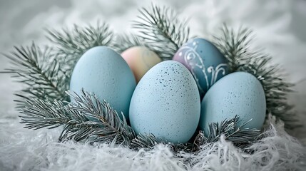 Clean background design featuring light blue tone and warm radiance around colorful eggs