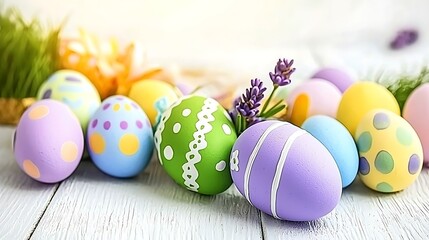 Calming purple setup combining lavender blossoms and soft Easter colors under natural light tones