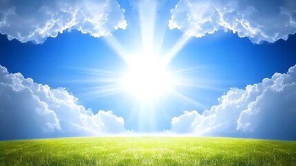 Warm sun rays illuminating grassy field under vivid blue sky with glowing morning atmosphere