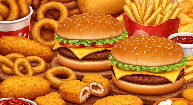 Colorful illustrated fast food featuring burgers, fries, onion rings, nuggets, and sauces - Powered by Adobe