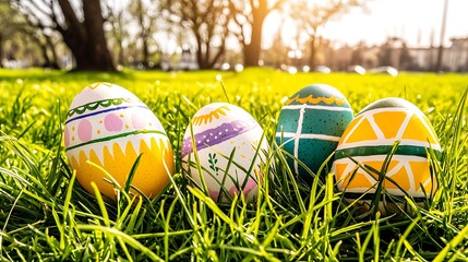 Bright springtime background blending multiple pastel hues and decorated eggs under sunlight