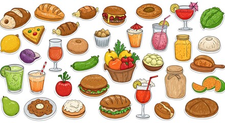 Colorful illustrated food items, including bread, pastries, fruits, vegetables, and drinks