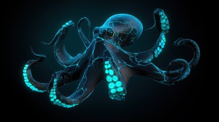 hyperrealistic cyber octopus with glowing teal neon veins across its tentacles, floating against deep matte black background, metallic texture