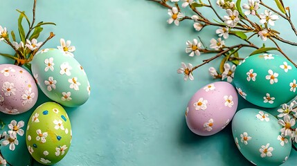 Sunlit pastel setup with small flowers and painted eggs on light blue spring surface