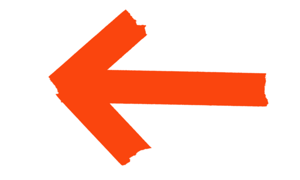 Hand drawn orange arrow pointing left, showing grunge textured direction sign isolated on transparent background