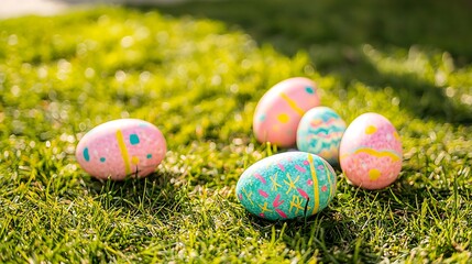 Colorful Easter setup across fresh grass meadow illuminated by sunlight and soft shadows