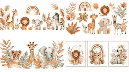 Naklejka premium Cute watercolor safari animals with rainbows and foliage in warm neutral tones. Adorable nursery clipart for kids’ posters, birthday invites, and baby room decor.
