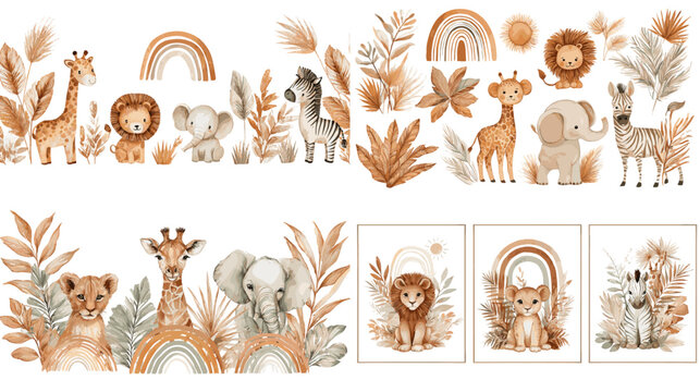 Cute watercolor safari animals with rainbows and foliage in warm neutral tones. Adorable nursery clipart for kids&rsquo; posters, birthday invites, and baby room decor.