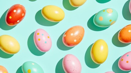 Calm minimal design featuring Easter eggs placed evenly on mint background with sunlight
