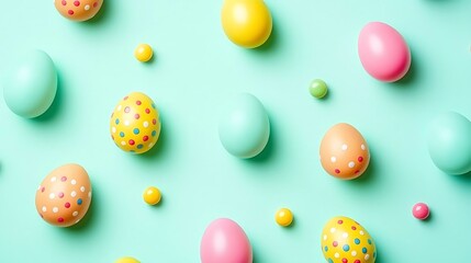 Calm minimal design featuring Easter eggs placed evenly on mint background with sunlight