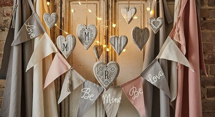 Valentine's Day Bunting And Wooden Hearts With Letters And Words decoration