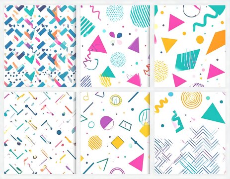 Colorful, geometric abstract patterns with shapes and scribbles on white backgrounds