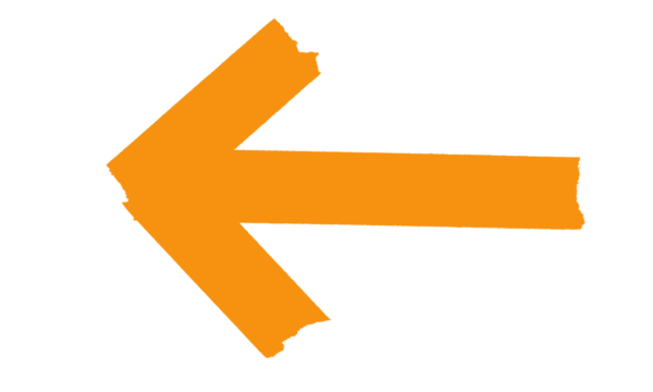 Orange grunge arrow pointing left with a rough, textured edge, isolated isolated on transparent background
