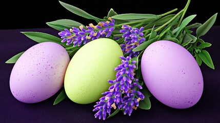Gentle purple surface featuring lavender flowers and bright pastel eggs under natural light glow