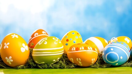 Clear blue sky above green meadow scattered with colorful Easter eggs under bright daylight