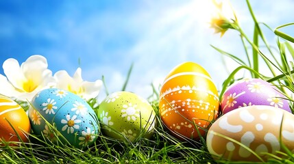 Clear blue sky above green meadow scattered with colorful Easter eggs under bright daylight