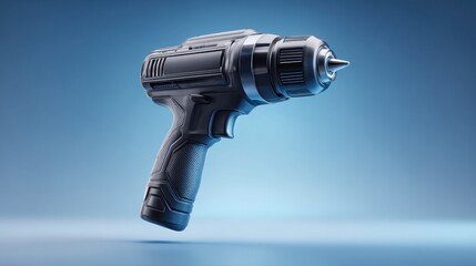 hyperrealistic impact wrench in matte black with steel detailing, isolated on cold blue gradient background, sharp engineering lines, floating