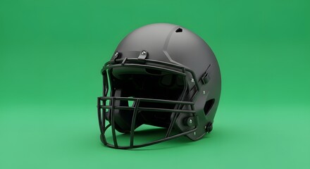 A modern black football helmet with a faceguard placed against a vibrant green background for sports safety and equipment display