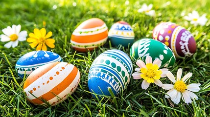 Close-up of multicolored eggs lying on grass with flowers reflecting gentle morning light