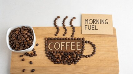 Coffee cup outline created with roasted coffee beans on table