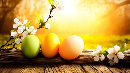 Colorful Easter eggs lying among spring blossoms illuminated by warm daylight across meadow