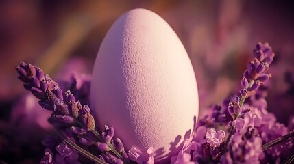 Gentle purple surface featuring lavender flowers and bright pastel eggs under natural light glow