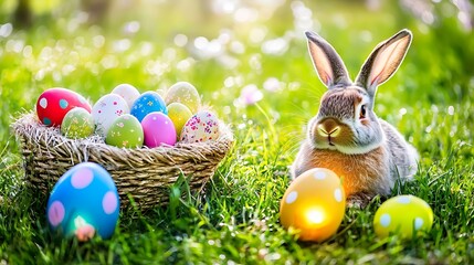 Cute bunny resting near Easter basket illuminated by gentle warm light