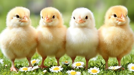 Cute fluffy chicks standing among tiny daisies on bright pastel yellow tone