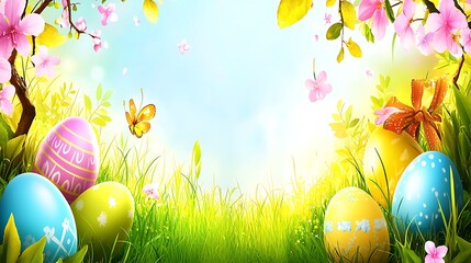 Springtime field scene showing eggs scattered across vibrant green under clear blue sky