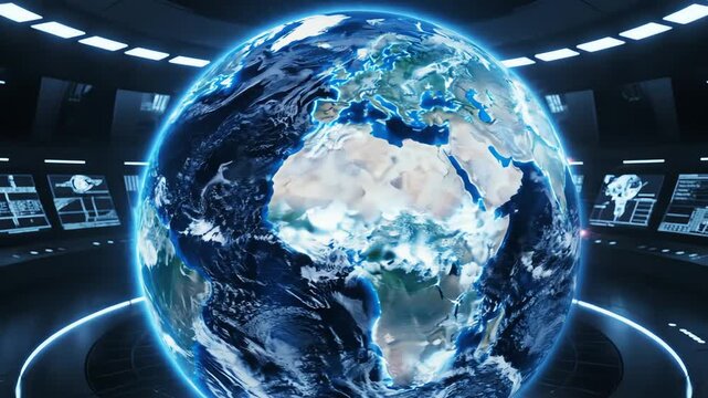 Holographic Earth spins, mosquito hotspots glowing crimson, slowly dimming as blue waves of eradication strategies spread outward
