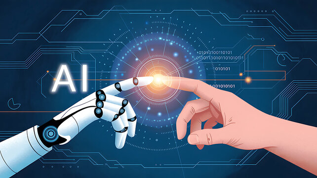 Robot and human fingers touching in digital A I interface artificial intelligence hand - Powered by Adobe