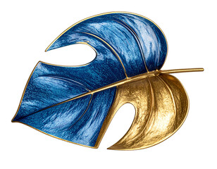 Curved Dual-Tone Leaf Sculpture with Blue Center and Gold Outer Rim, Side-Angled Artistic Composition, Isolated