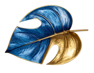 Curved Dual-Tone Leaf Sculpture with Blue Center and Gold Outer Rim, Side-Angled Artistic Composition, Isolated