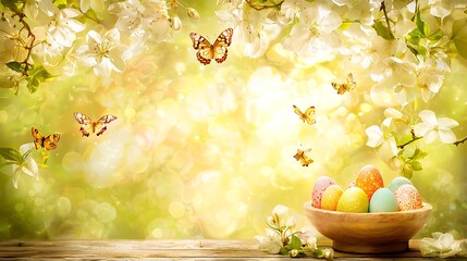 Outdoor scene capturing soft warm sunrise lighting over colorful eggs and flying butterflies